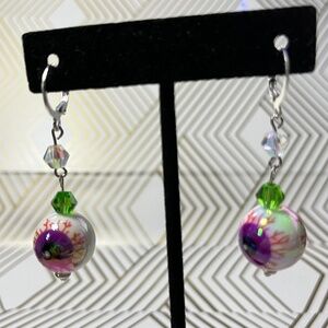 Halloween Scary Eyeball Bead Earrings purple and green